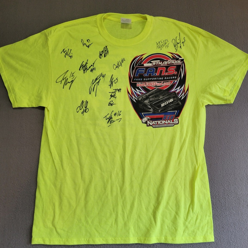 Autographed F.A.N.S. 2016 USA Nationals Racing Neon Yellow T-Shirt XL